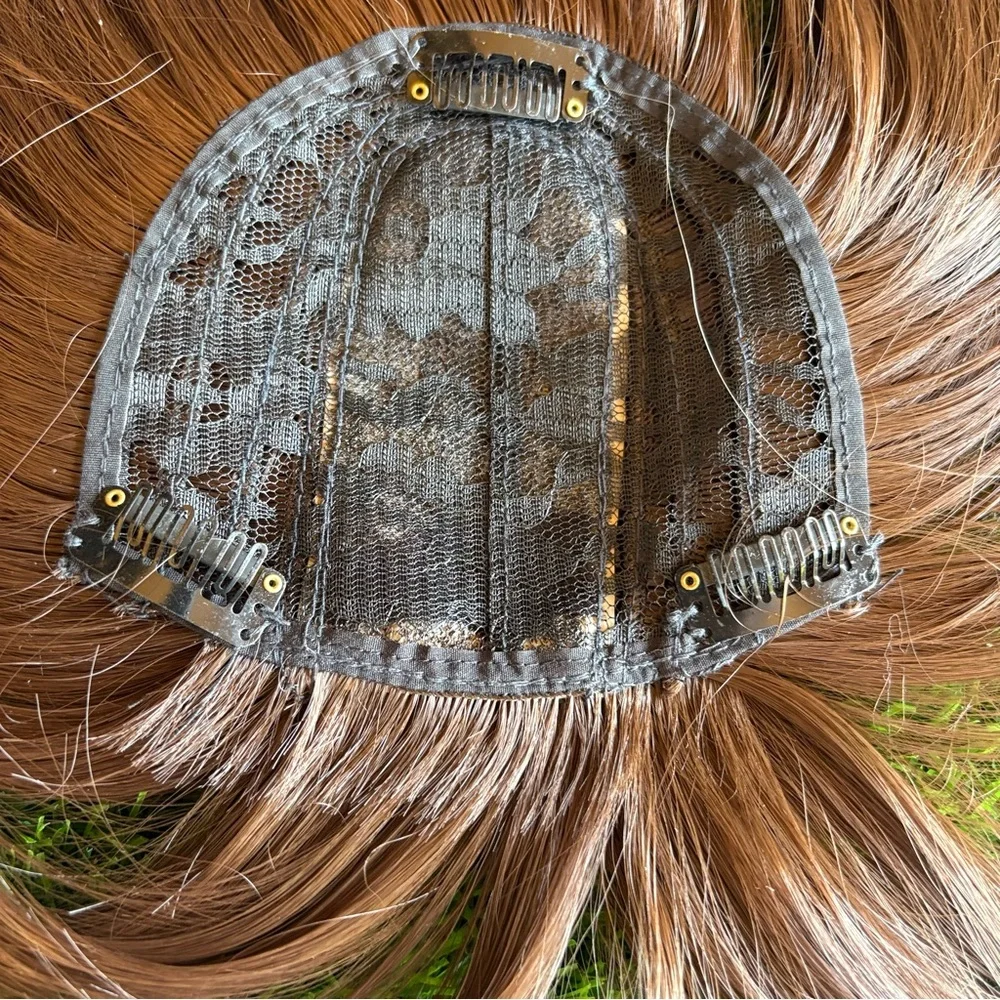 HUMAN HAIR TOPPER WIG LONG STRAIGHT BROWN CLIP IN GUC BANGS